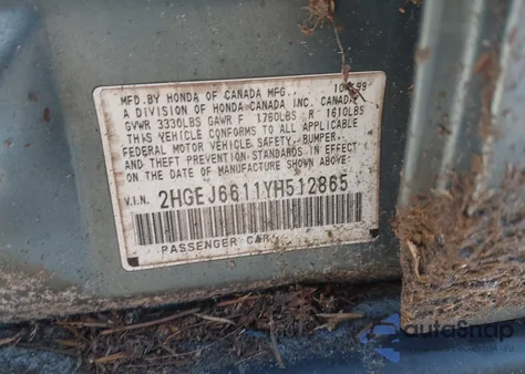 2000 Honda Civic Value Package from USA, damaged, VIN 2HGEJ6611YH512865